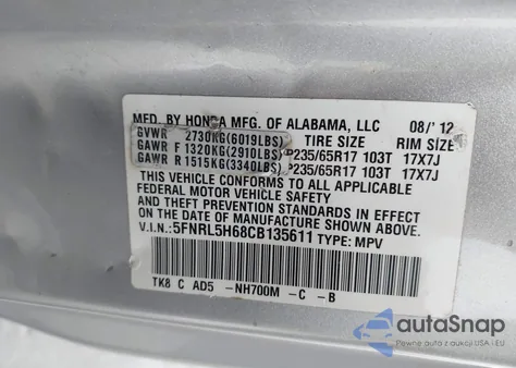 2012 Honda Odyssey Ex-L from USA, damaged, VIN 5FNRL5H68CB135611